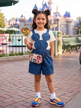 Pepper Kids Girls' Navy Denim Jumper Romper Overall with Mickey Mouse/Disney 6/7